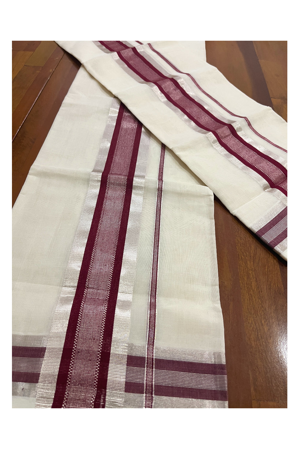 Southloom Premium Handloom Set Mundu with Silver Kasavu and Maroon Border 2.80 Mtrs