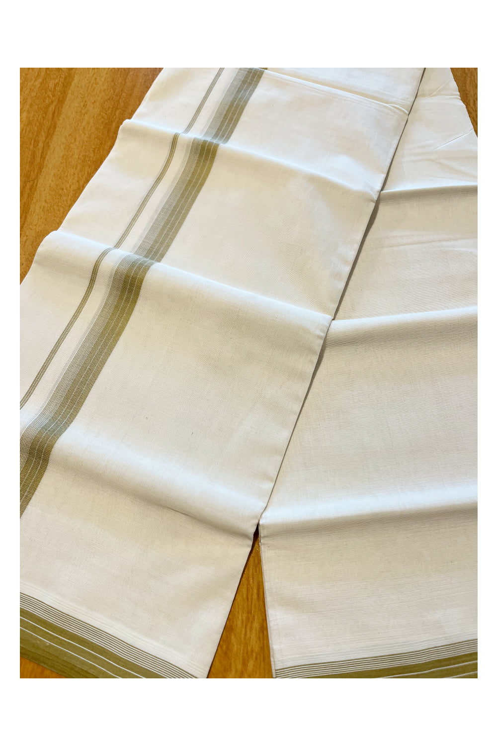 Southloom Premium Handloom Cotton Double Mundu with Olive Green Lines Border