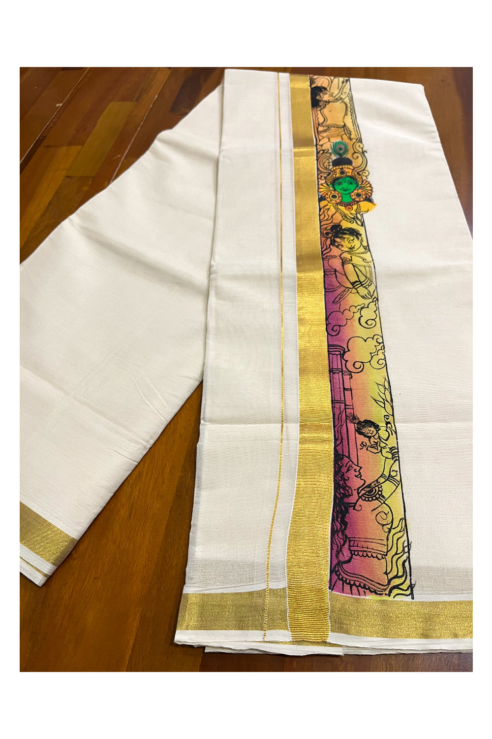 Kerala Pure Cotton Double Mundu with Mural Hand Painted Design on Kasavu Border (South Indian Kerala Dhoti)