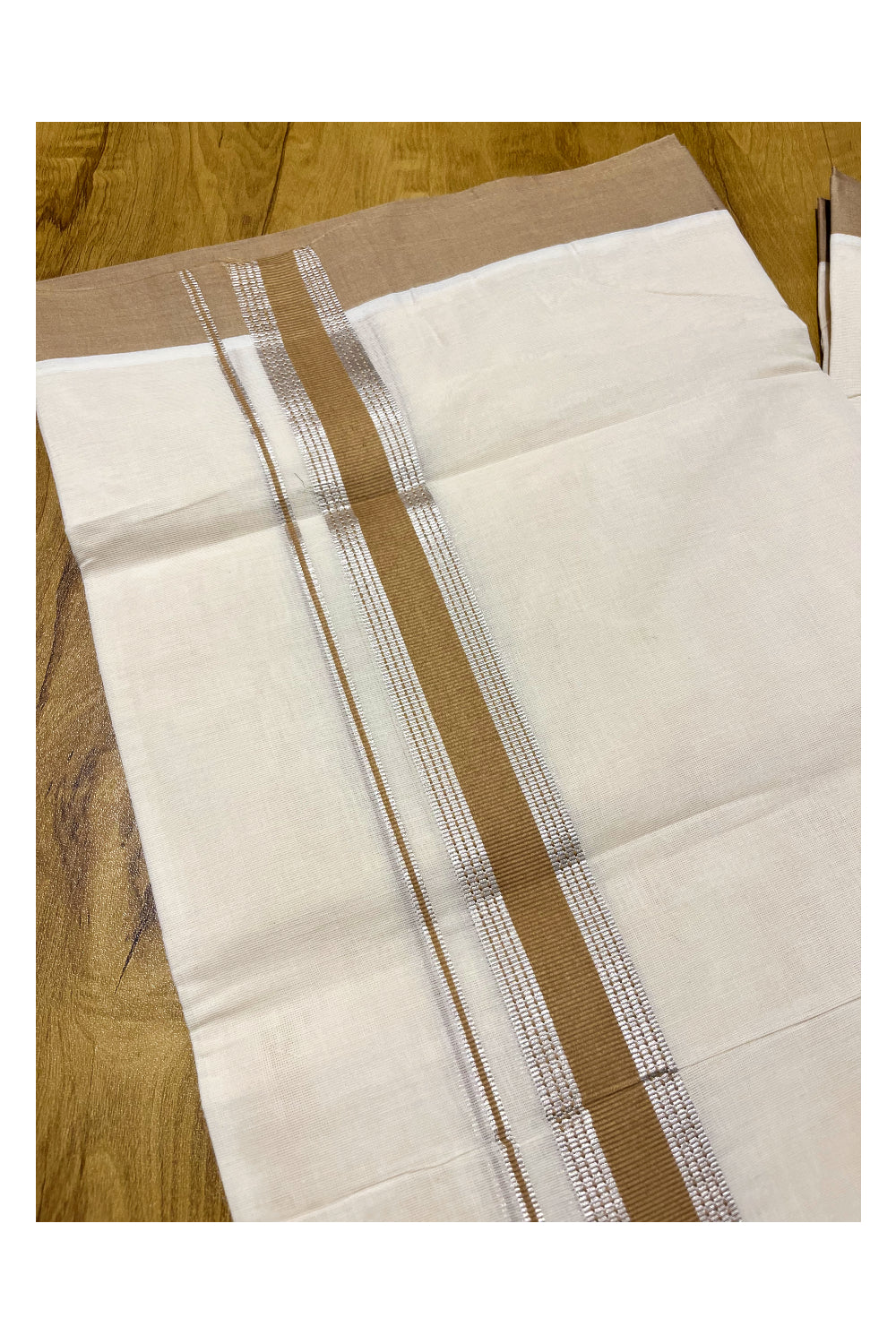 Pure Cotton Off White Double Mundu with Silver Kasavu and Brown Border (South Indian Kerala Dhoti)