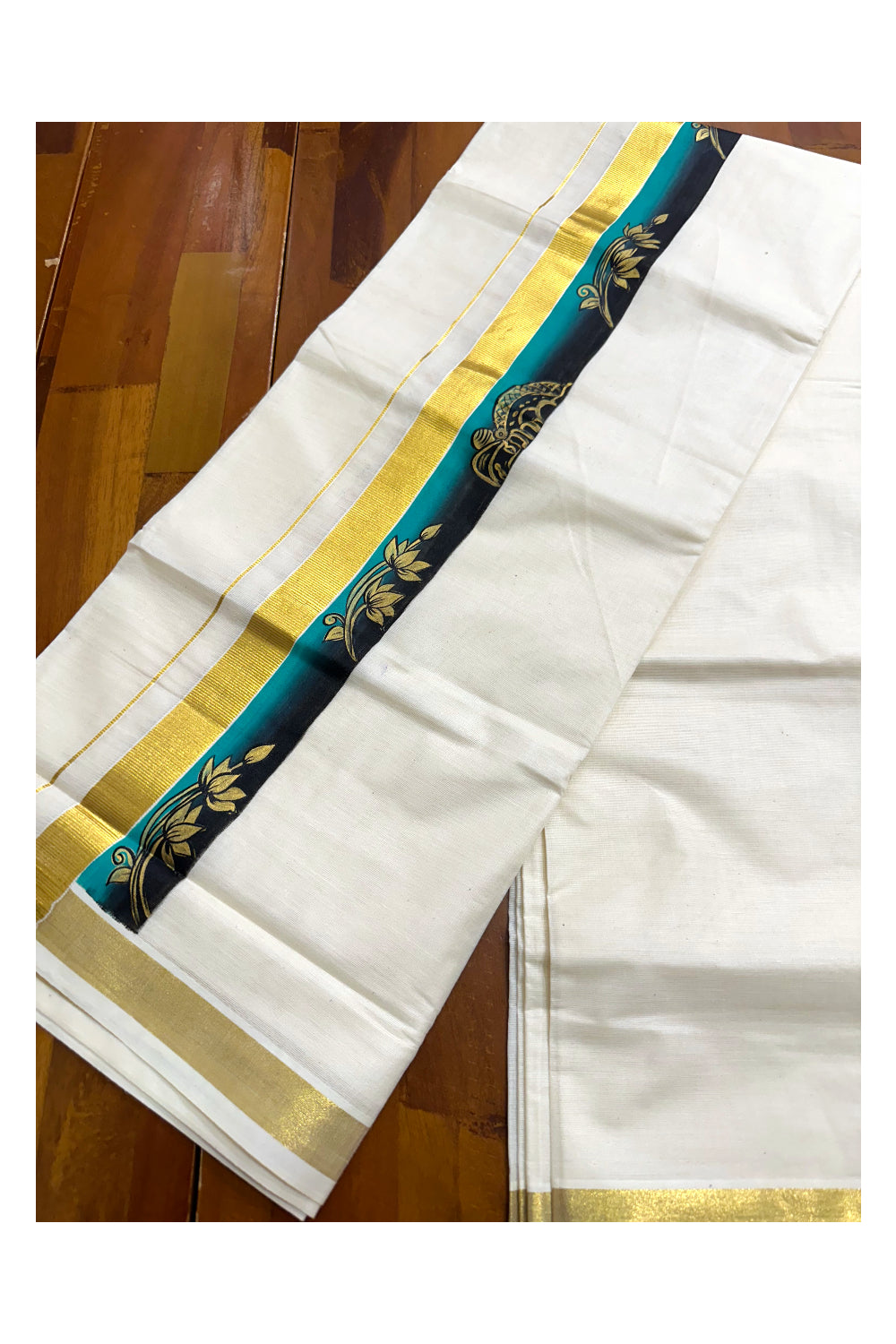 Kerala Pure Cotton Double Mundu with Hand Painted Designs on Kasavu Border(South Indian Kerala Dhoti)