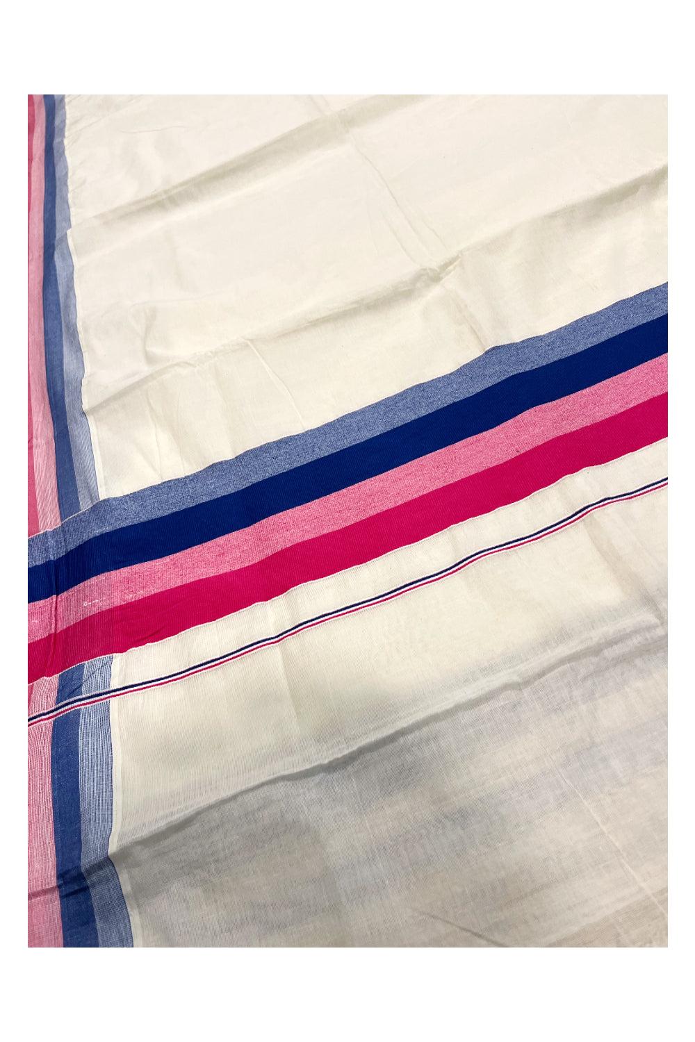 Pure Cotton Off White Kerala Saree with Dark Blue Pink Shaded Border