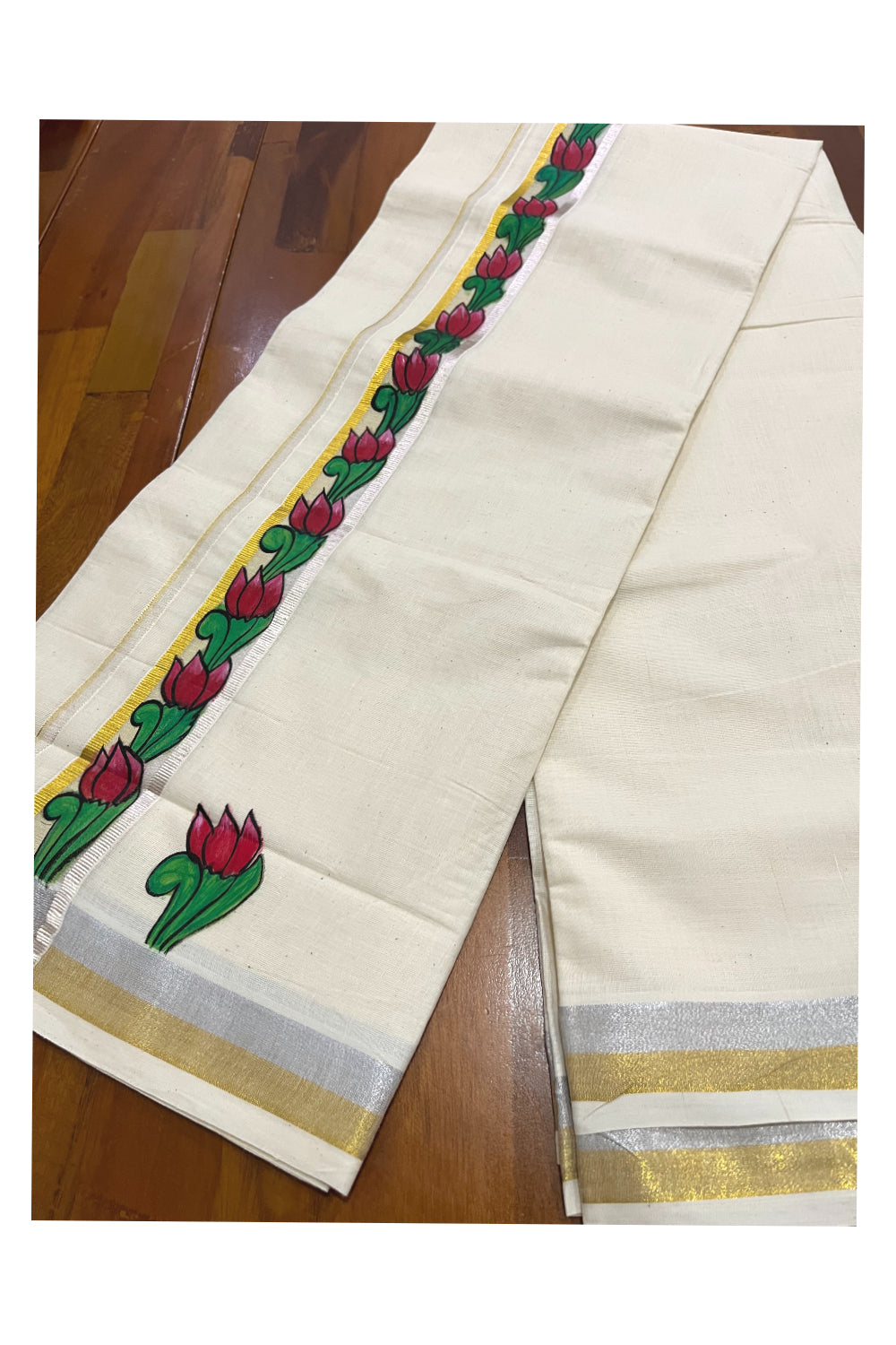 Pure Cotton Kerala Double Mundu with Floral Hand Painted Design on Silver and Golden Kasavu Kara (South Indian Kerala Dhoti)