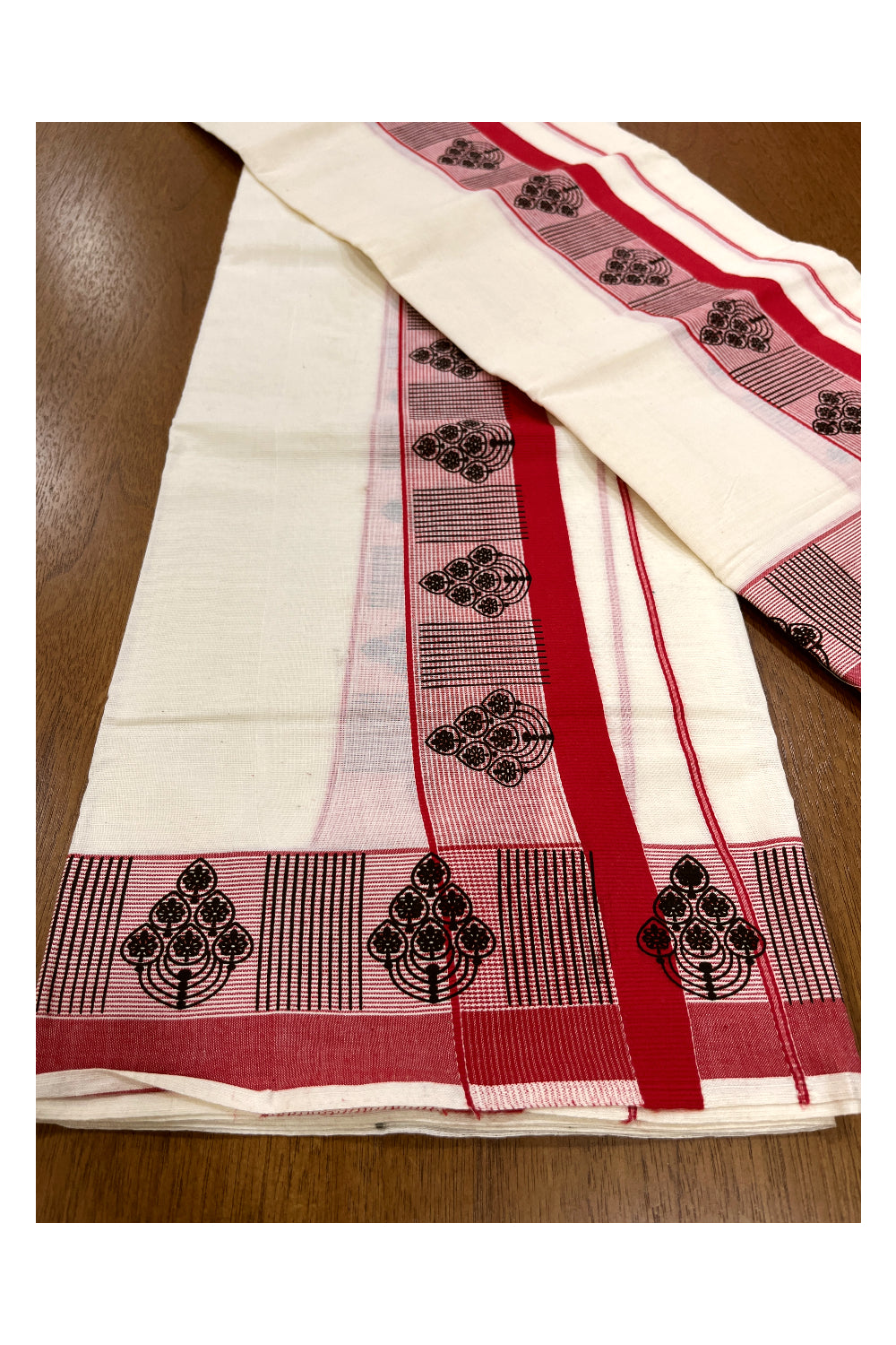 Kerala Cotton Set Mundu (Mundum Neriyathum) with Block Prints on Red Border