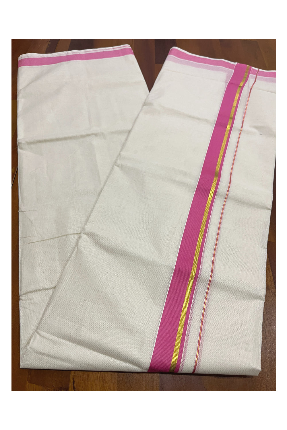 Pure Cotton Kerala Double Mundu with Kasavu and Pink Kara (South Indian Kerala Dhoti)