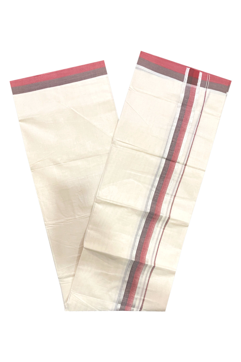 Kerala Pure Cotton Double Mundu with Maroon Brown and Silver Kasavu Border (South Indian Kerala Dhoti)