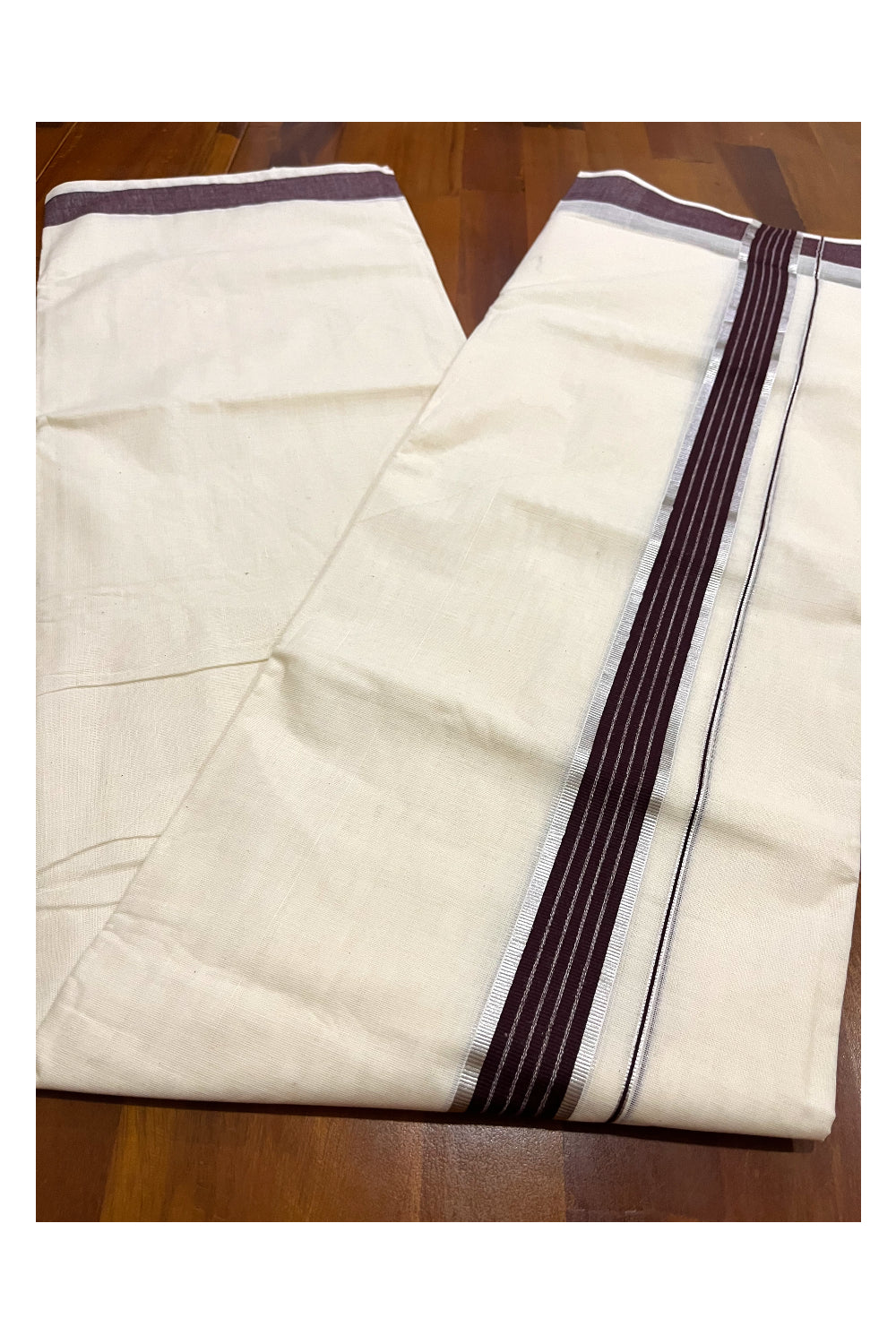 Kerala Cotton Double Mundu with Brown and Silver Kasavu Line Border (Onam Mundu 2023)