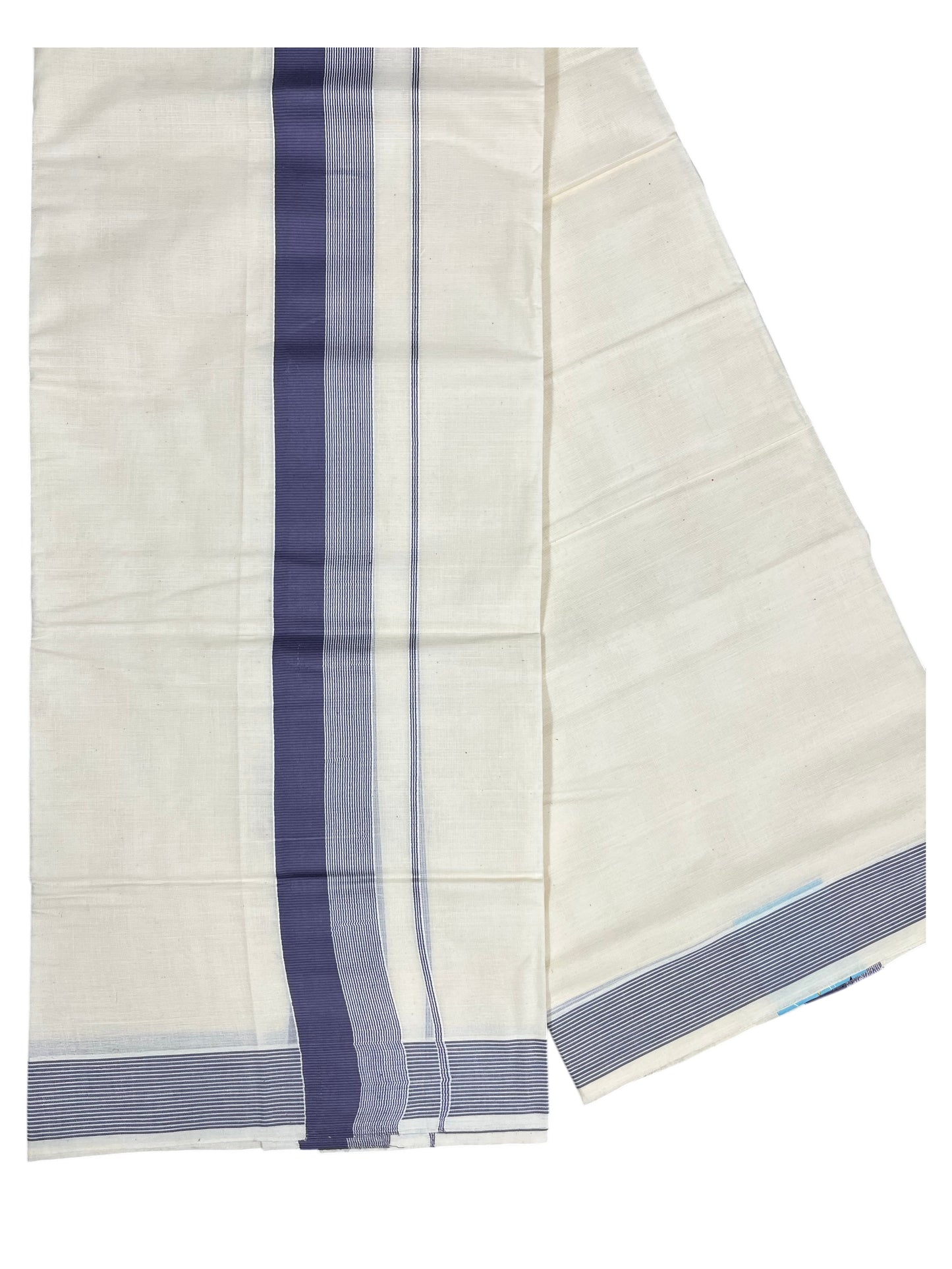Southloom Kerala Pure Cotton Double Mundu with Lavender Lines And Lavender Border (South Indian Kerala Dhoti)