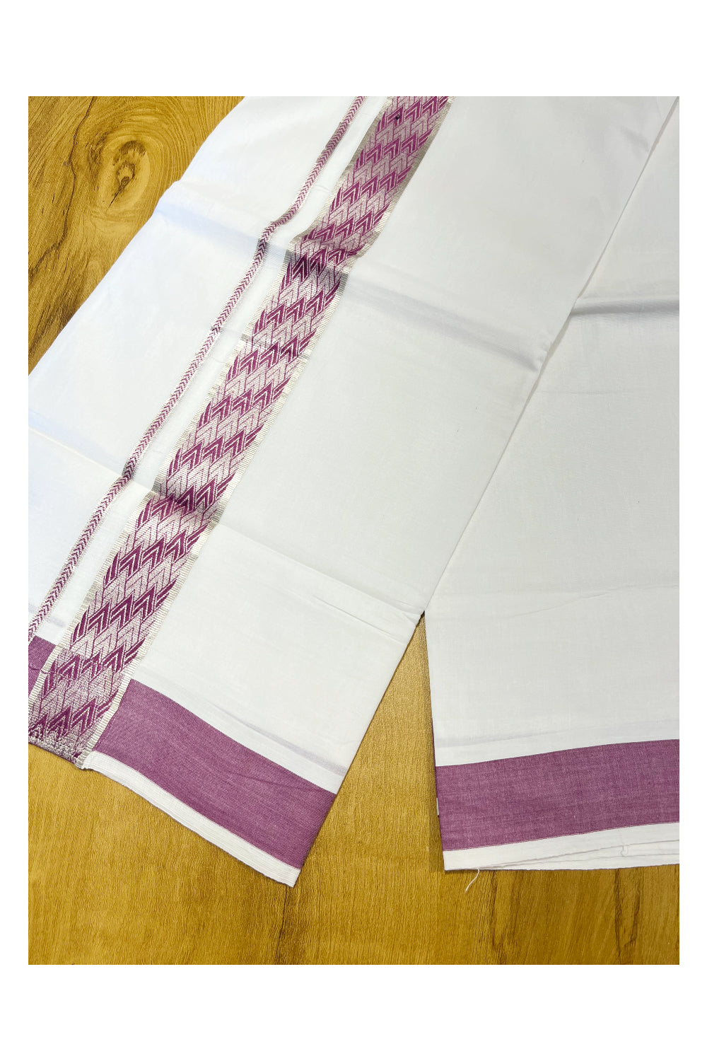 Pure White Cotton Double Mundu with Silver Kasavu and Magenta Woven Border