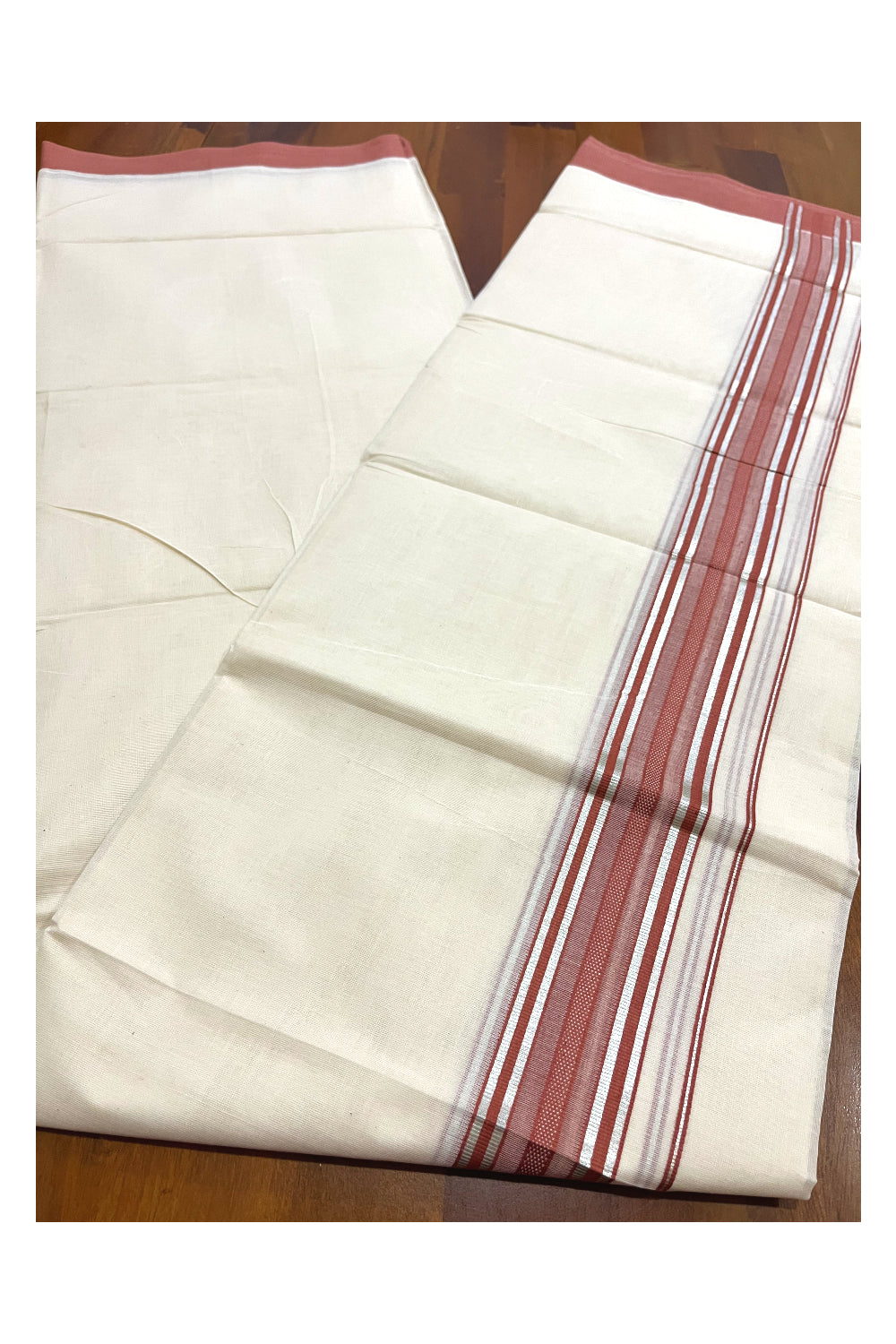 Pure Cotton 100x100 Double Mundu with Silver Kasavu and Brick Red Kara (Onam Mundu 2023)