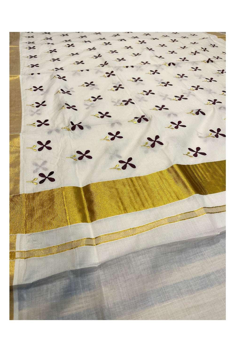 Pure Cotton Kerala Kasavu Saree with Violet Floral Embroidery Designs