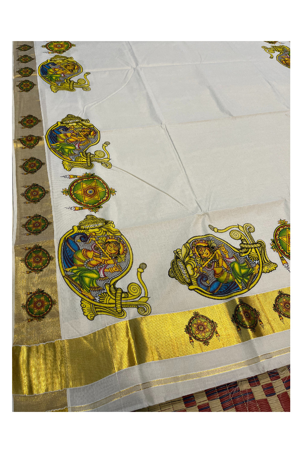 Pure Cotton Kerala Kasavu Saree with Krishna Mural Printed Art Design and Printed Border