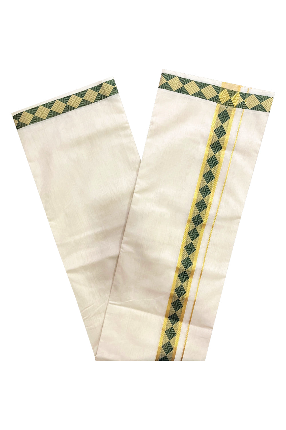 Southloom Premium Balaramapuram Unakkupaavu Cotton Handloom Mundu with Kasavu and Green Woven Border (Vishu 2024 Collection)
