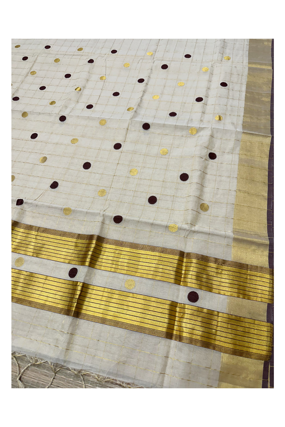 Southloom Premium Handloom Tissue Kasavu Check Saree with Golden and Brown Polka Design