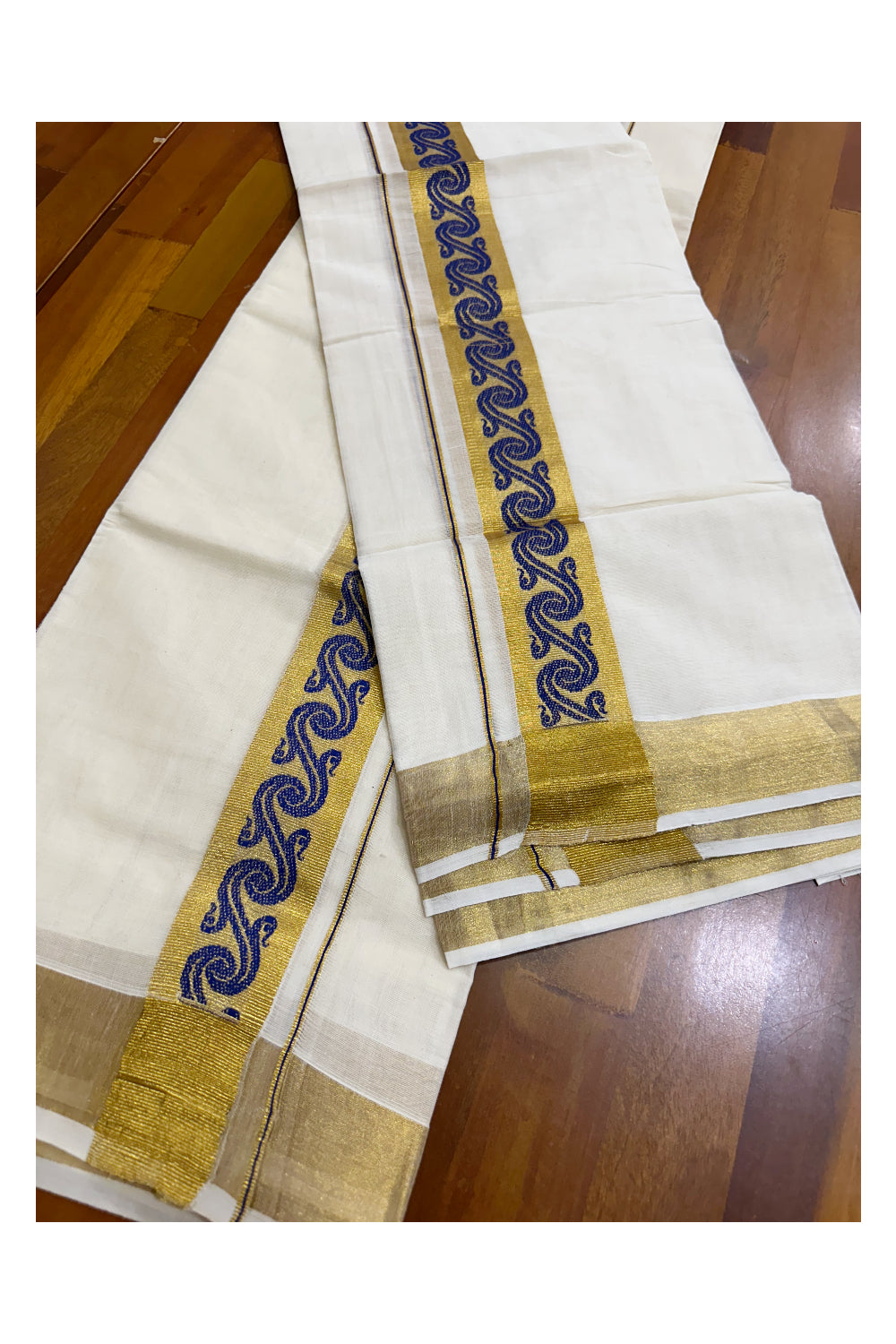 Kerala Pure Cotton Single Set Mundu (Mundum Neriyathum) with Blue Block Prints on Kasavu Border-2.80Mtrs