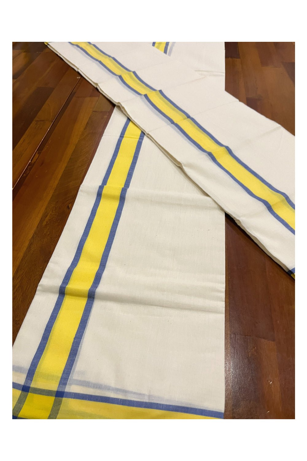 Kerala Cotton Mulloth Single Set Mundu (Mundum Neriyathum) with Yellow and Blue Border (Extra Soft Cotton)