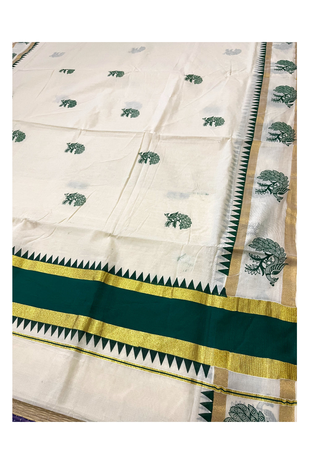 Pure Cotton Kerala Saree with Green Peacock Temple Block Printed Kasavu Border