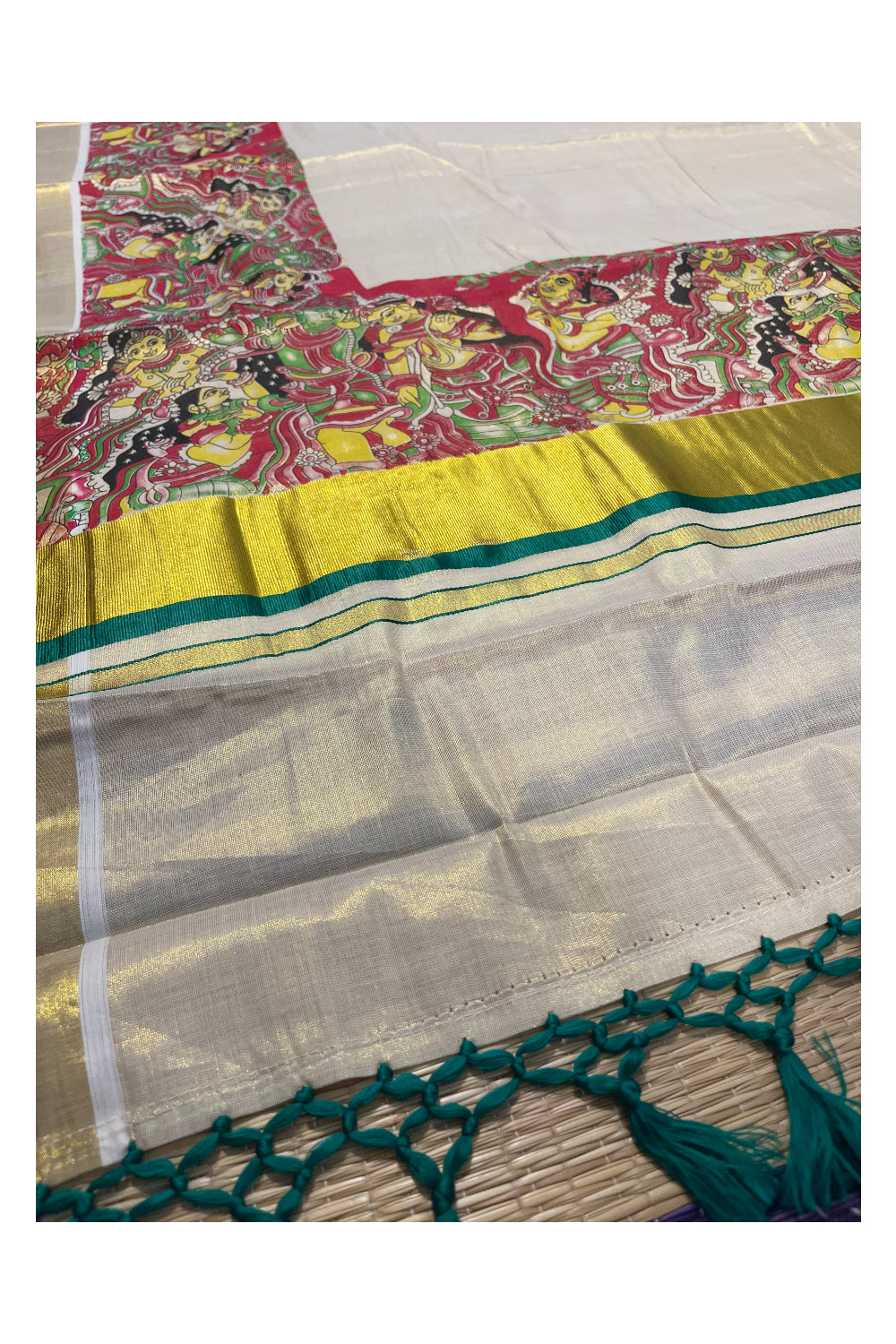 Kerala Tissue Kasavu Saree with Mural Art Printed Design and Green Border