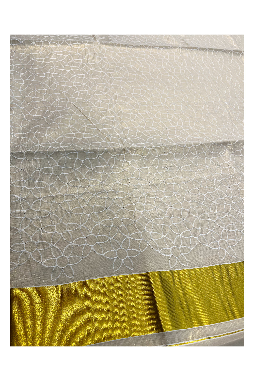 Kerala Tissue Kasavu Saree With White Floral Embroidery Works