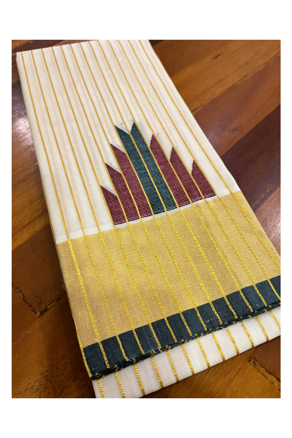 Southloom™ Premium Handloom Cotton Kasavu Saree with Maroon Dark Green Temple Woven Border and Stripes Work on Pallu