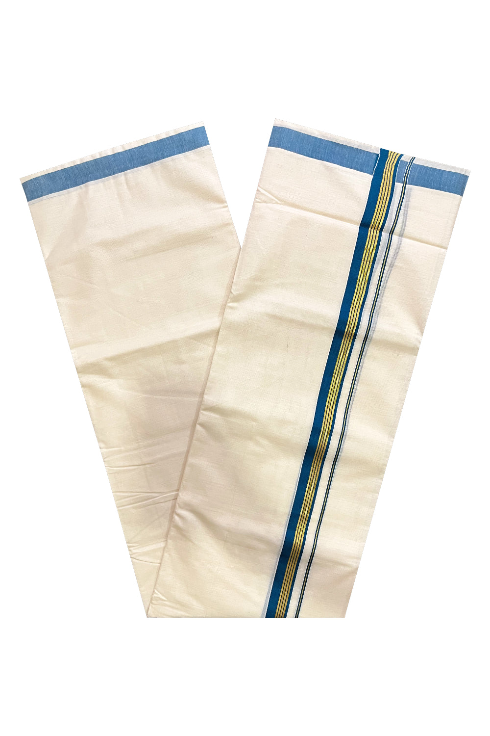 Off White Kerala Cotton Double Mundu with Kasavu and Blue Border (South Indian Kerala Dhoti)