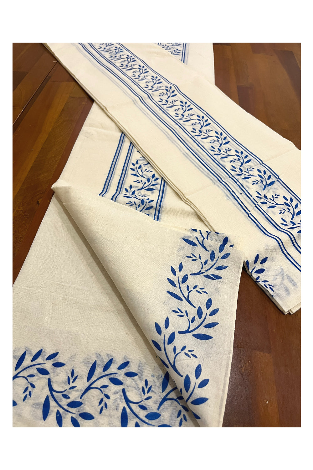 Pure Cotton Kerala Single Set Mundu (Mundum Neriyathum) with Blue Block Prints on Border