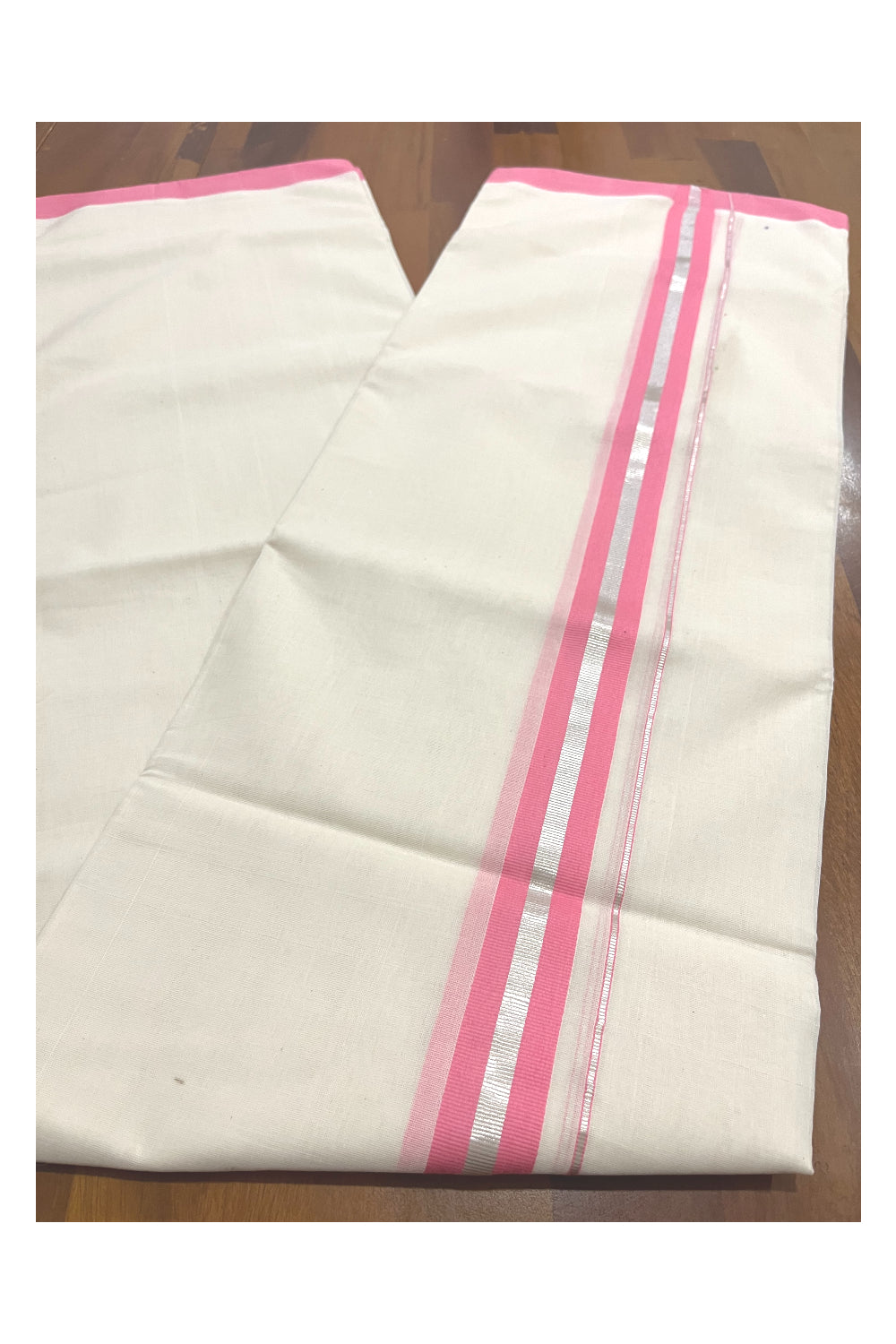 Southloom Premium Balaramapuram Unakkupaavu Handloom Mundu with Pink and Silver Kasavu Border (South Indian Kerala Dhoti)