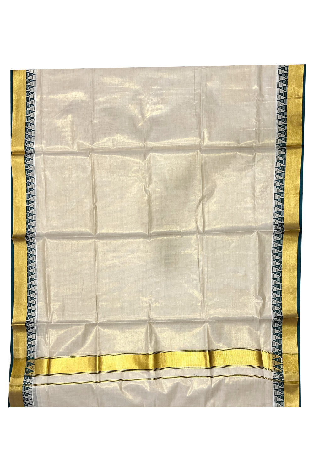 Kerala Tissue Saree with Kasavu and Dark Green Temple Woven Designs on Border (Vishu 2024 Collection)