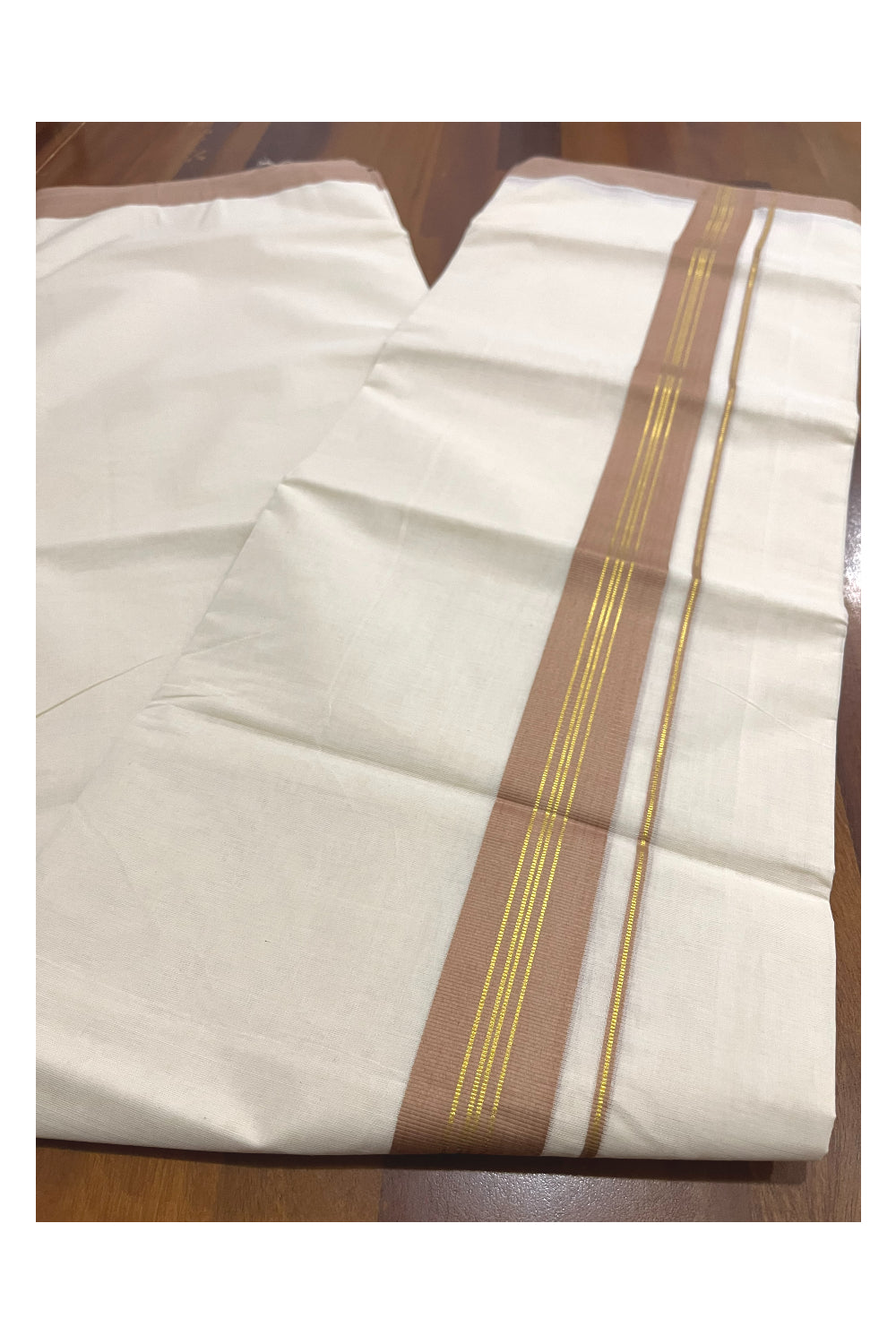 Pure Cotton 100x100 Double Mundu with Kasavu and Brown Kara (Onam Mundu 2023)