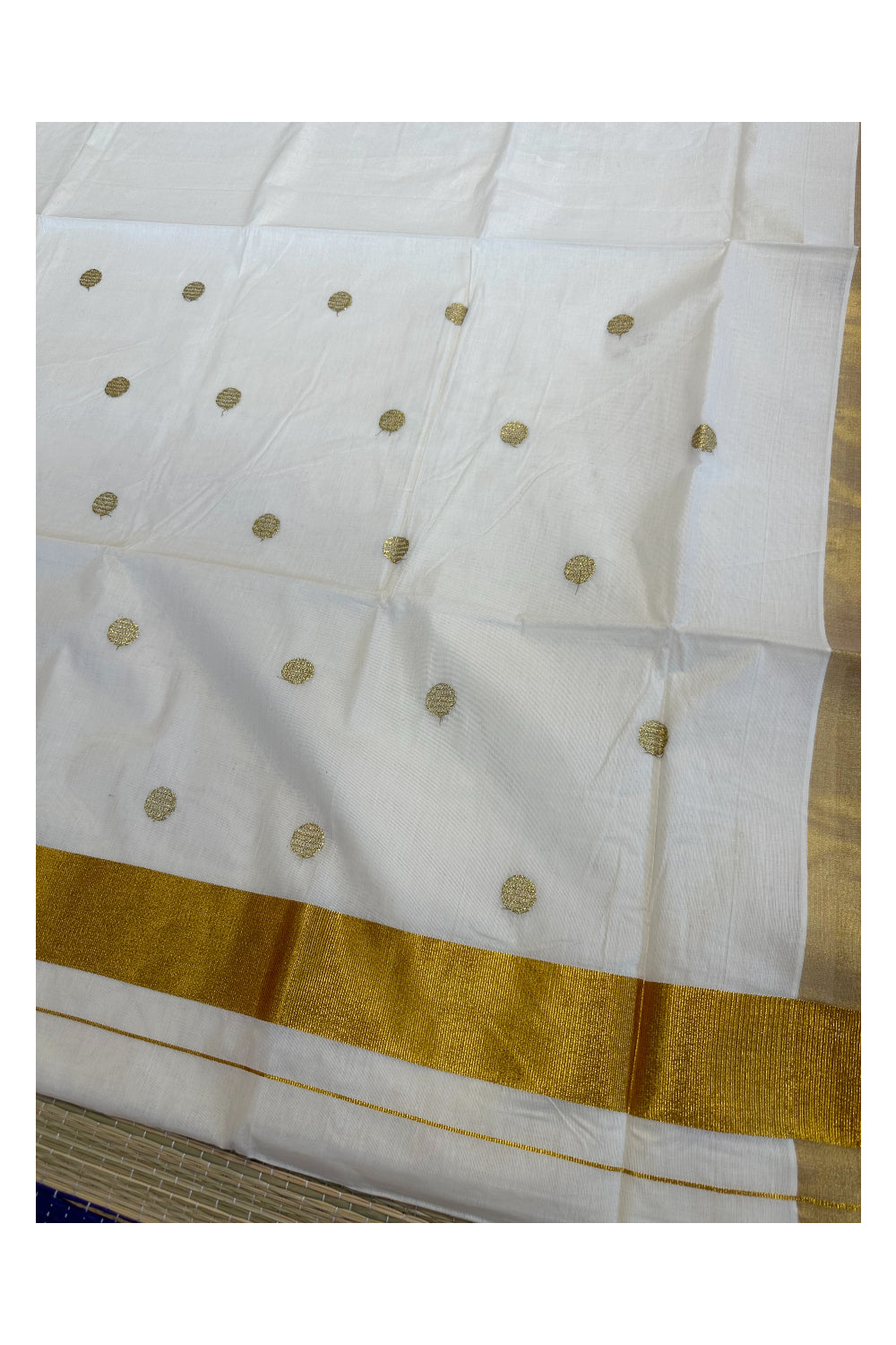 Kerala Pure Cotton Saree with Kasav and Golden Embroidery Polka on Body