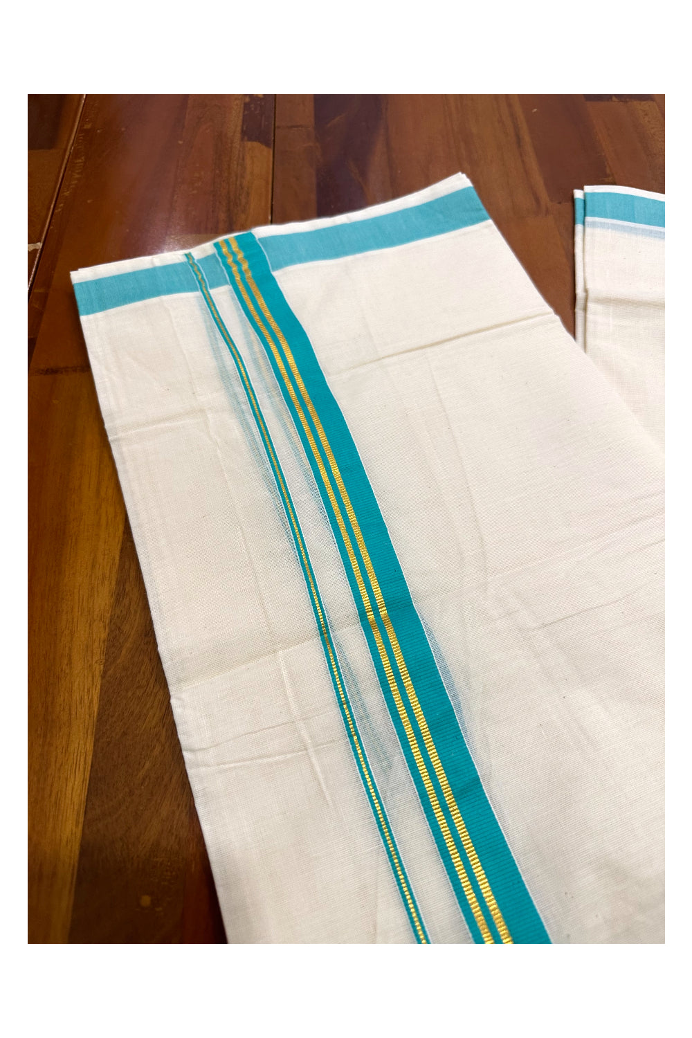 Kerala Cotton Double Mundu with Turquoise and Kasavu Border (Onam Mundu 2023)