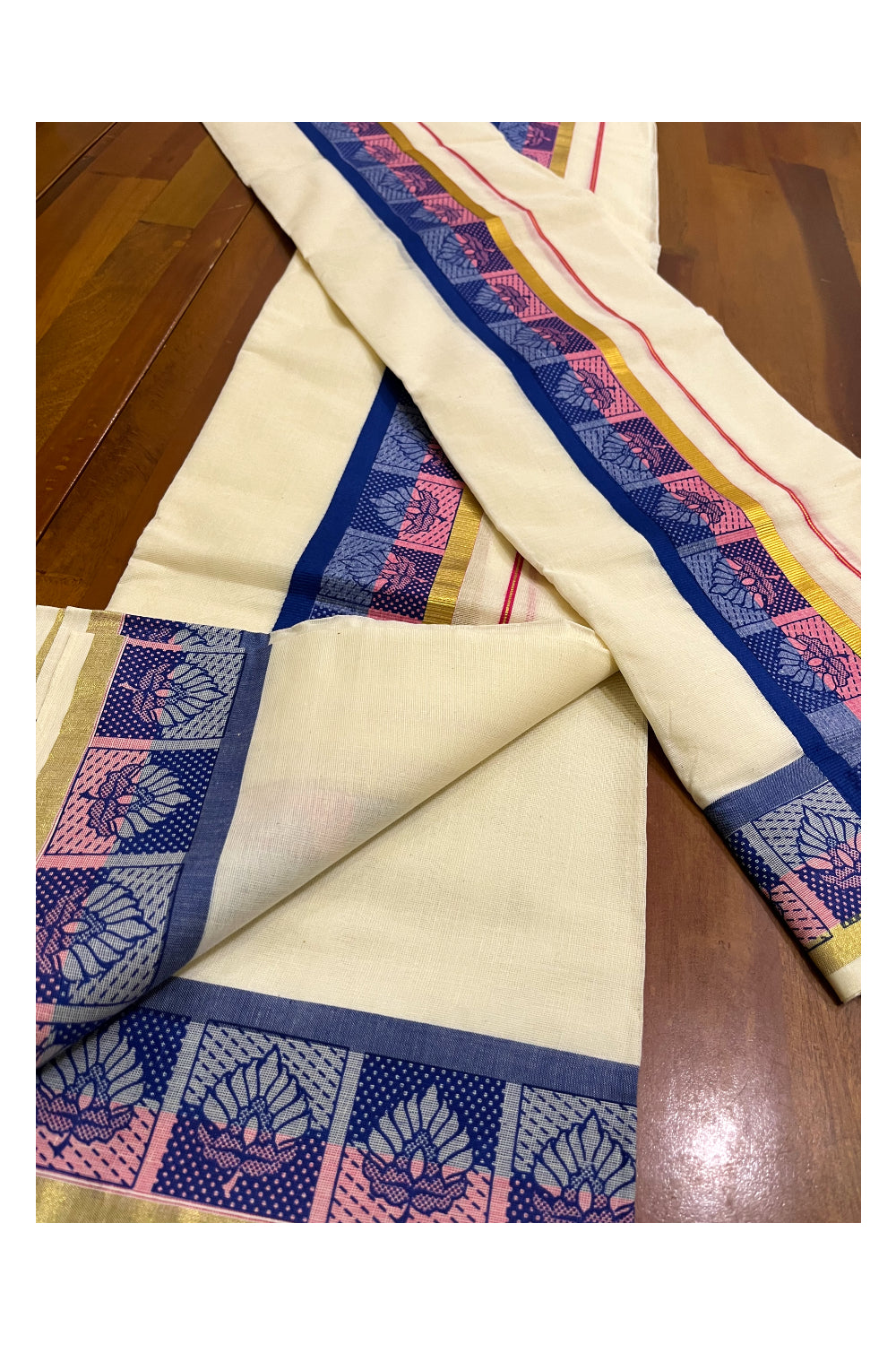 Kerala Cotton Kasavu Single Set Mundu (Mundum Neriyathum) with Pink and Blue Kara and Block Prints