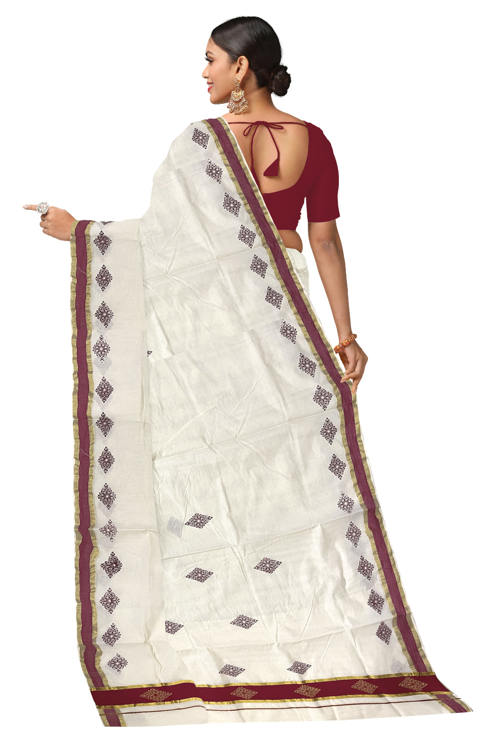 Pure Cotton Kerala Saree with Maroon Block Prints and Kasavu Border