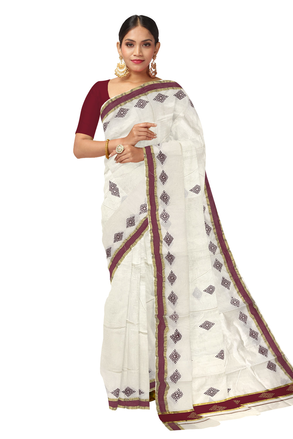 Pure Cotton Kerala Saree with Maroon Block Prints and Kasavu Border