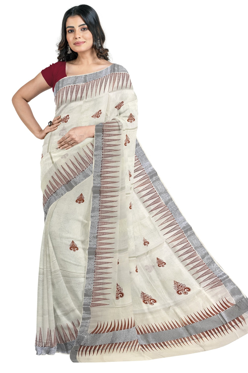 Pure Cotton Kerala Saree with Orange Temple Block Prints and Silver Kasavu Border (Onam Saree 2023)