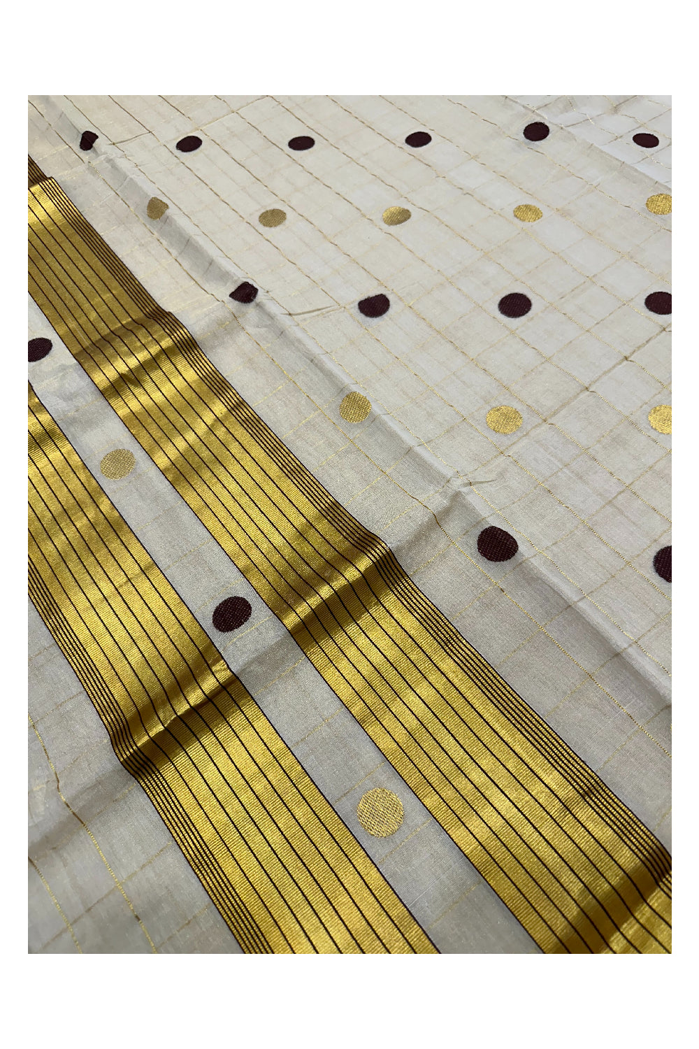 Southloom Premium Handloom Tissue Kasavu Check Saree with Golden and Brown Polka Design