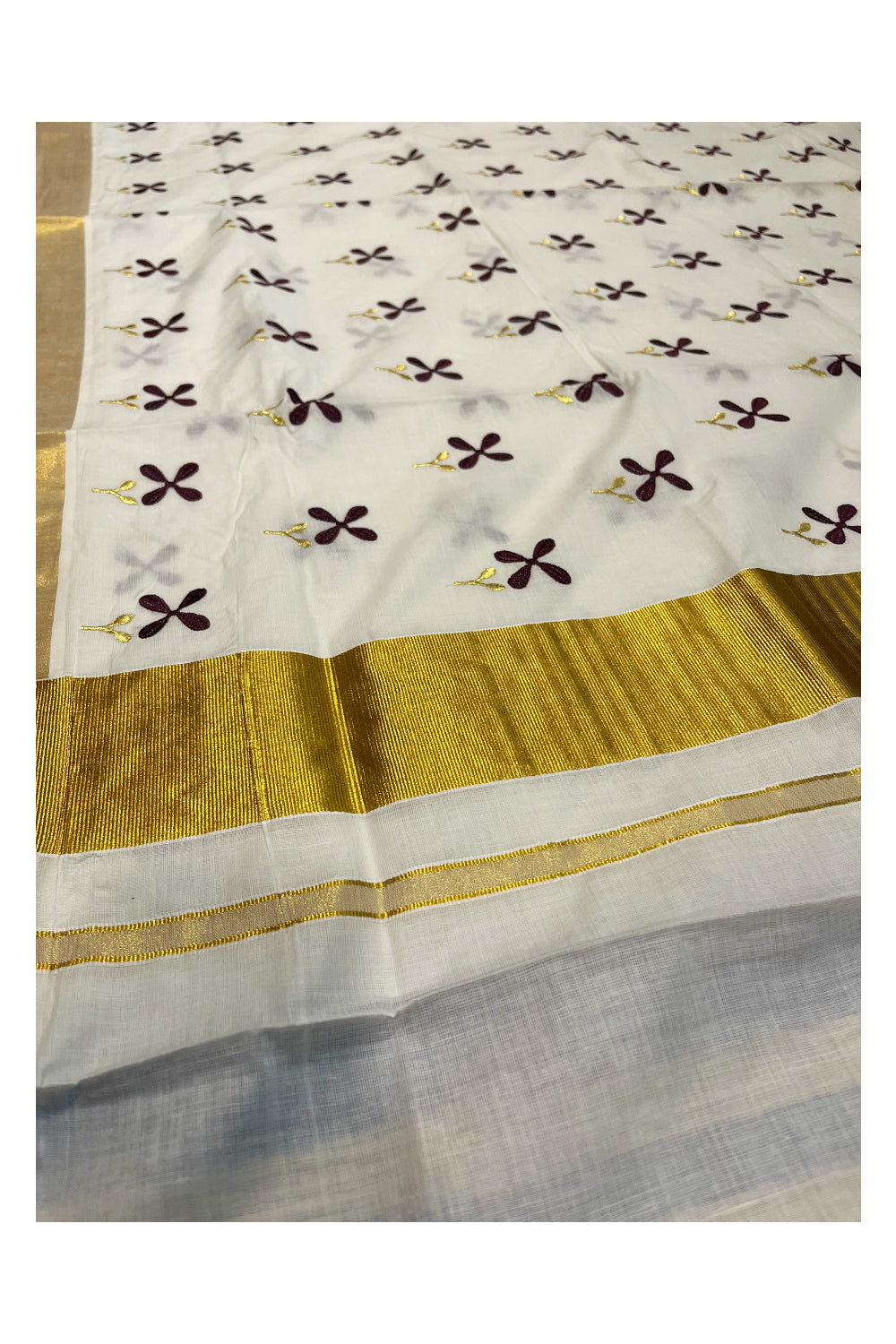 Pure Cotton Kerala Kasavu Saree with Violet Floral Embroidery Designs