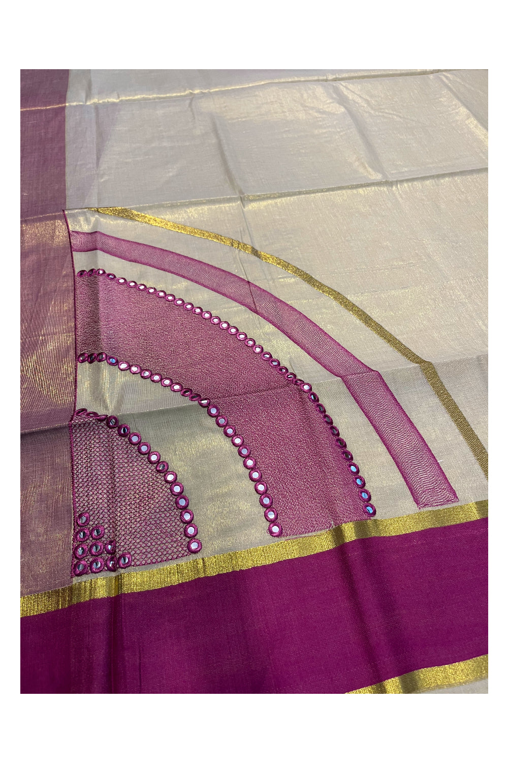 Southloom Kerala Tissue Kasavu Saree with Pink Mirror Work