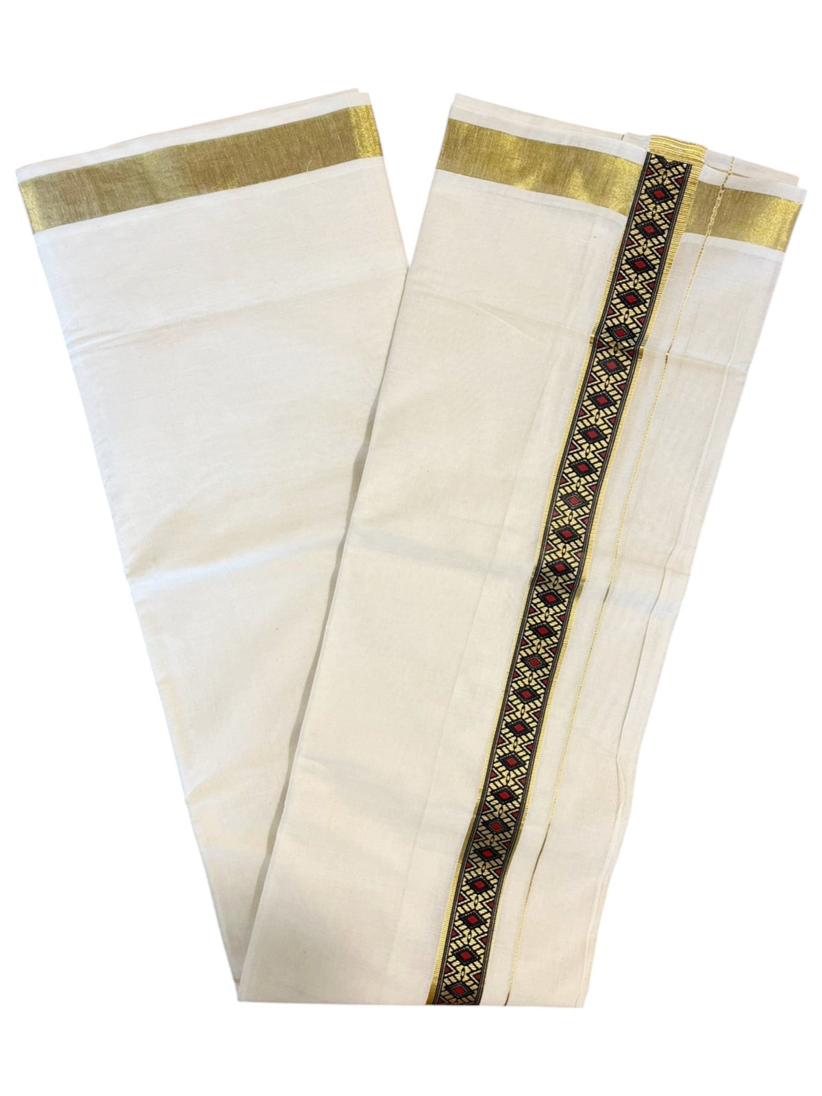 Southloom Kasavu Double Mundu with Prints on Kasavu Kara