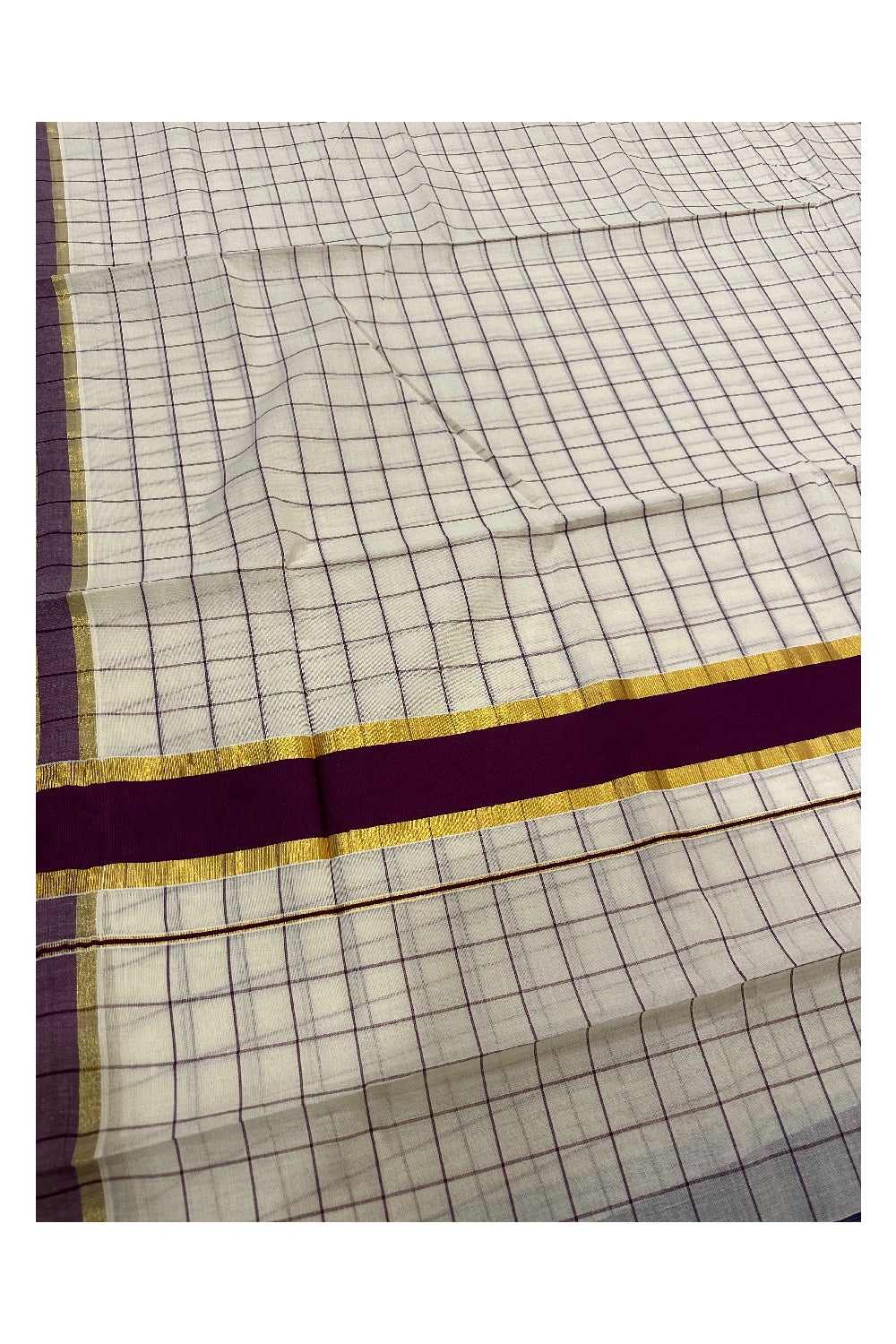 Kerala Woven Check Design Saree with Kasavu and Purple Border (Onam Saree 2023)