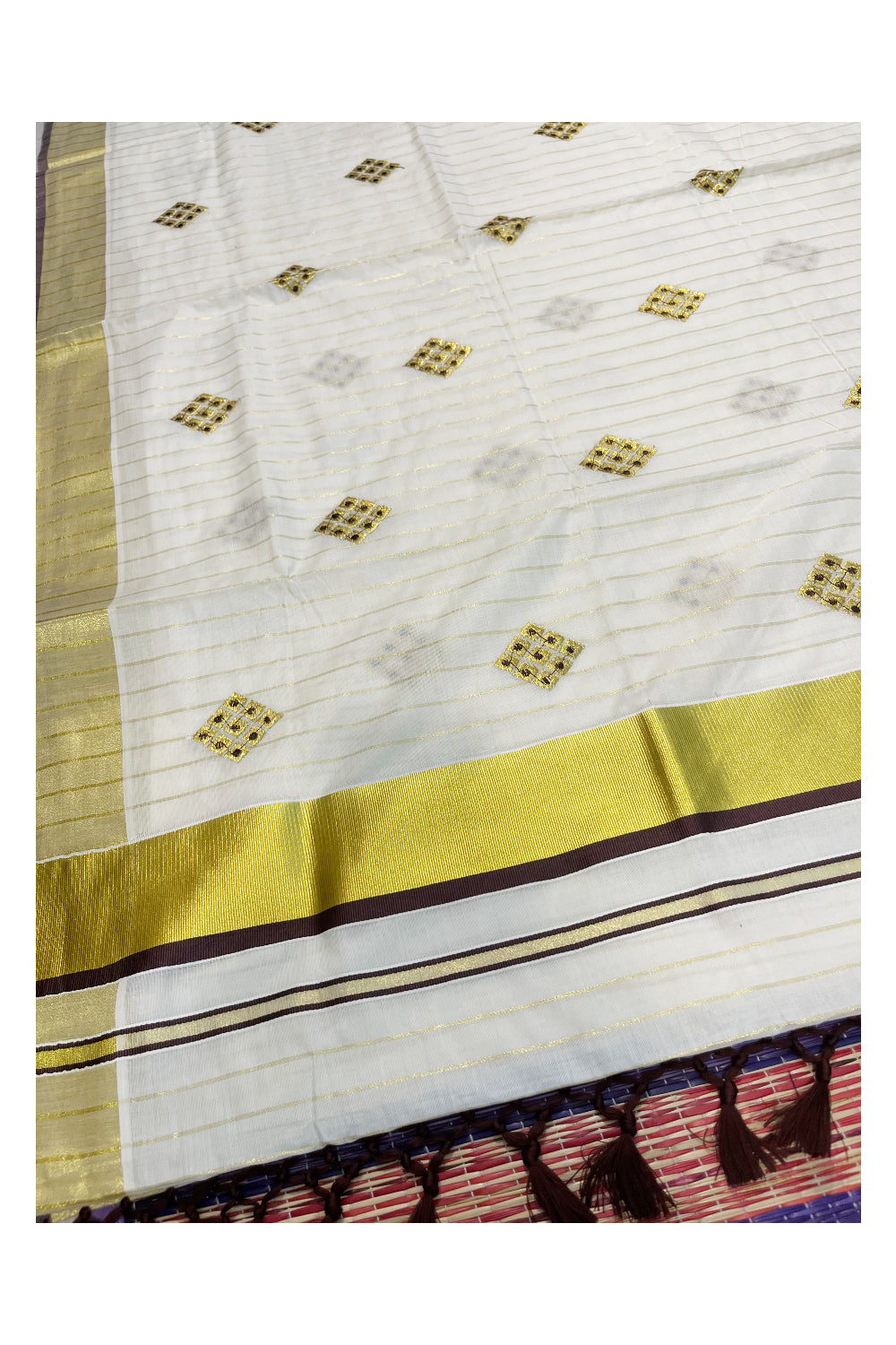 Kerala Cotton Kasavu Stripes Saree with Brown Floral Embroidery Design on Body