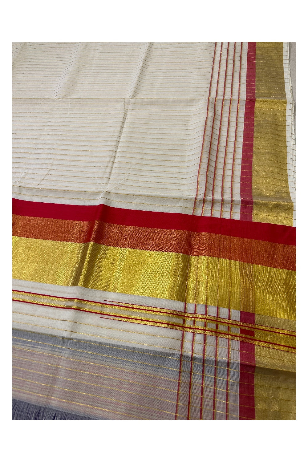 Southloom Premium Handloom Cotton Kerala Saree with Kasavu Lines Across Body and Bight Red Border (Onam Saree 2023)