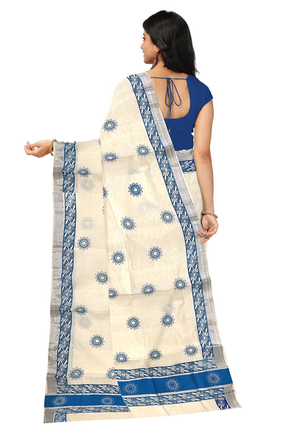 Pure Cotton Kerala Saree with Blue Block Prints and Silver Kasavu Border (Onam Saree 2023)