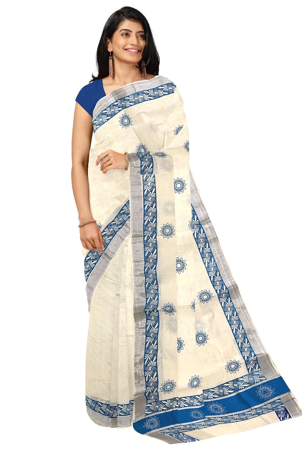 Pure Cotton Kerala Saree with Blue Block Prints and Silver Kasavu Border (Onam Saree 2023)