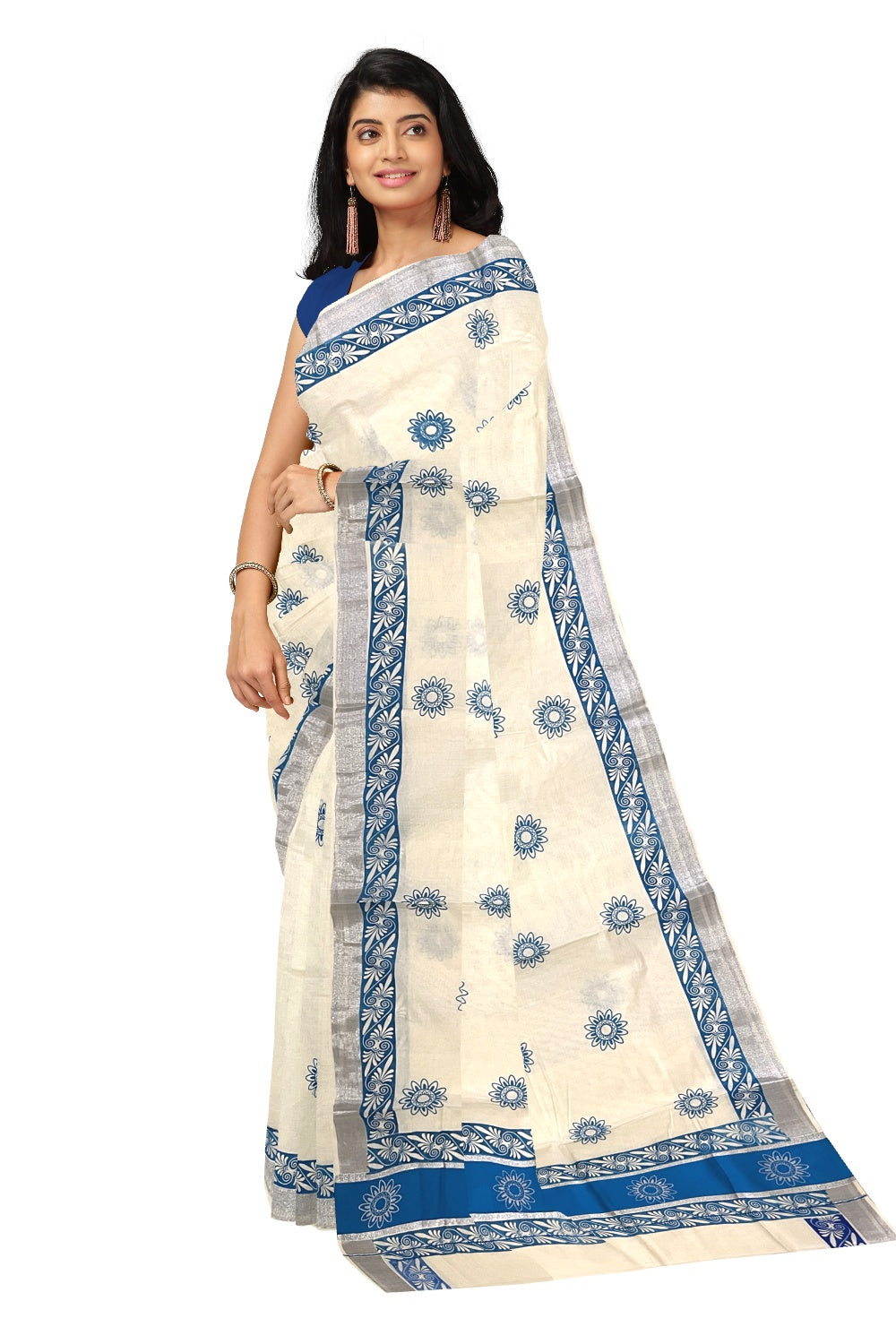 Pure Cotton Kerala Saree with Blue Block Prints and Silver Kasavu Border (Onam Saree 2023)