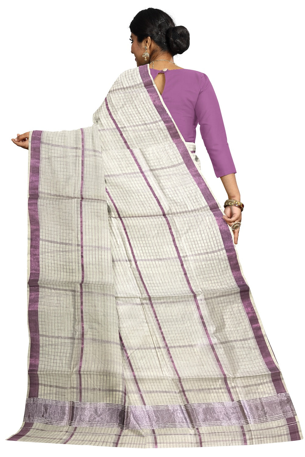 Pure Cotton Kerala Saree with Rose Copper Kasavu Check Designs Across Body