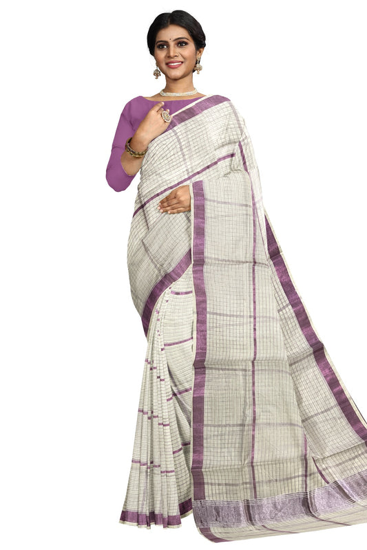 Pure Cotton Kerala Saree with Rose Copper Kasavu Check Designs Across Body