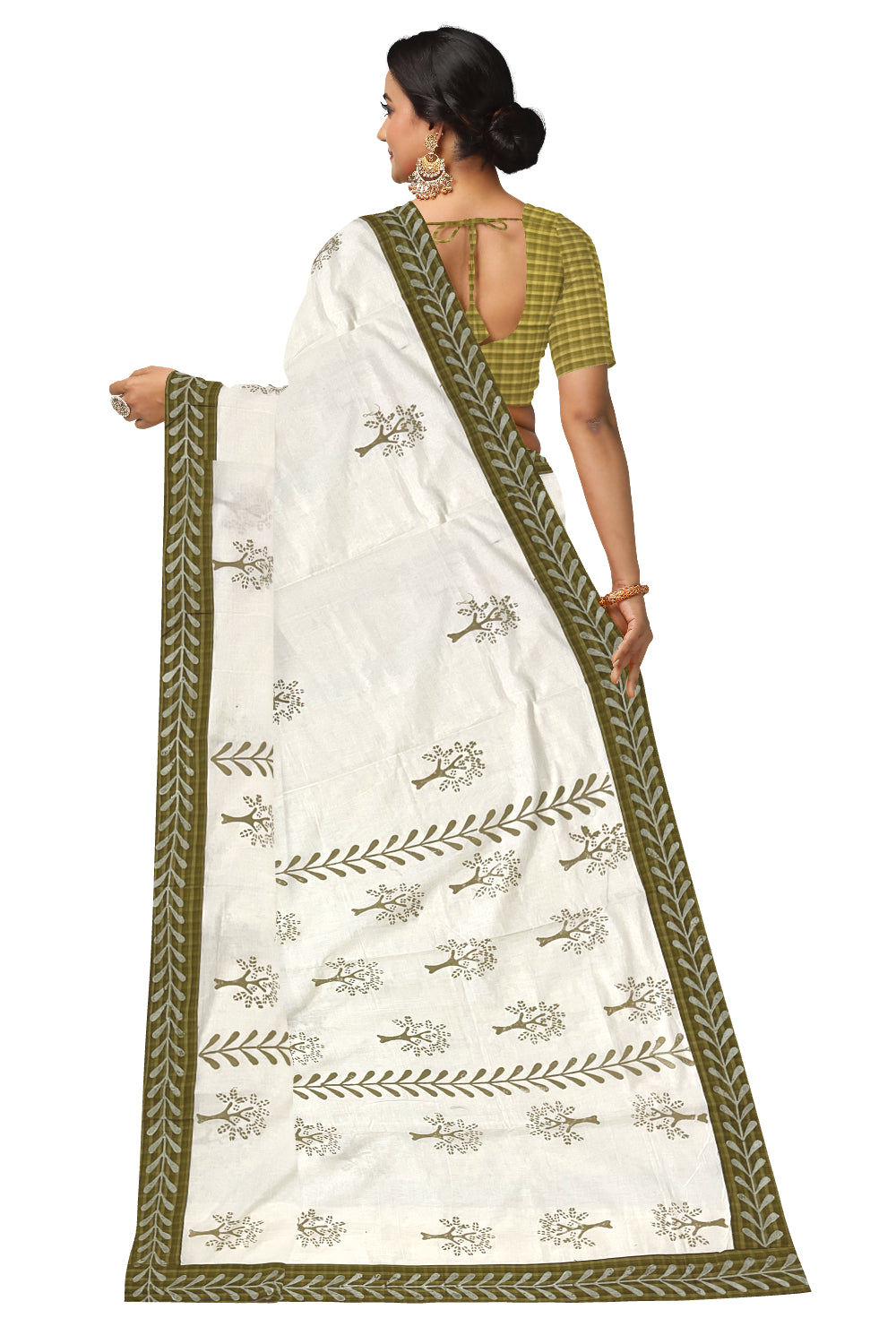 Pure Cotton Onam 2023 Kerala Saree with Hand Block Olive Green Batik Prints