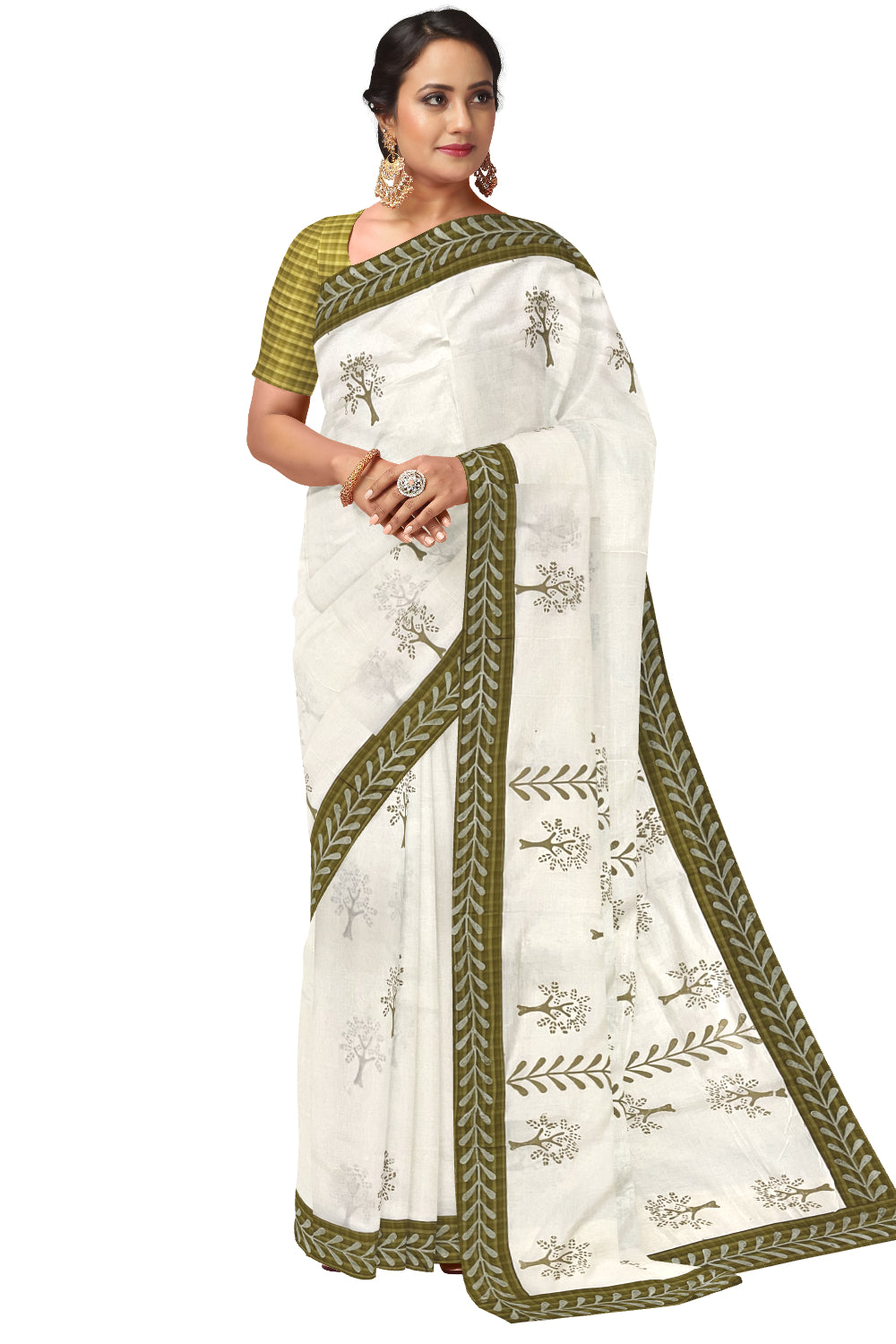 Pure Cotton Onam 2023 Kerala Saree with Hand Block Olive Green Batik Prints