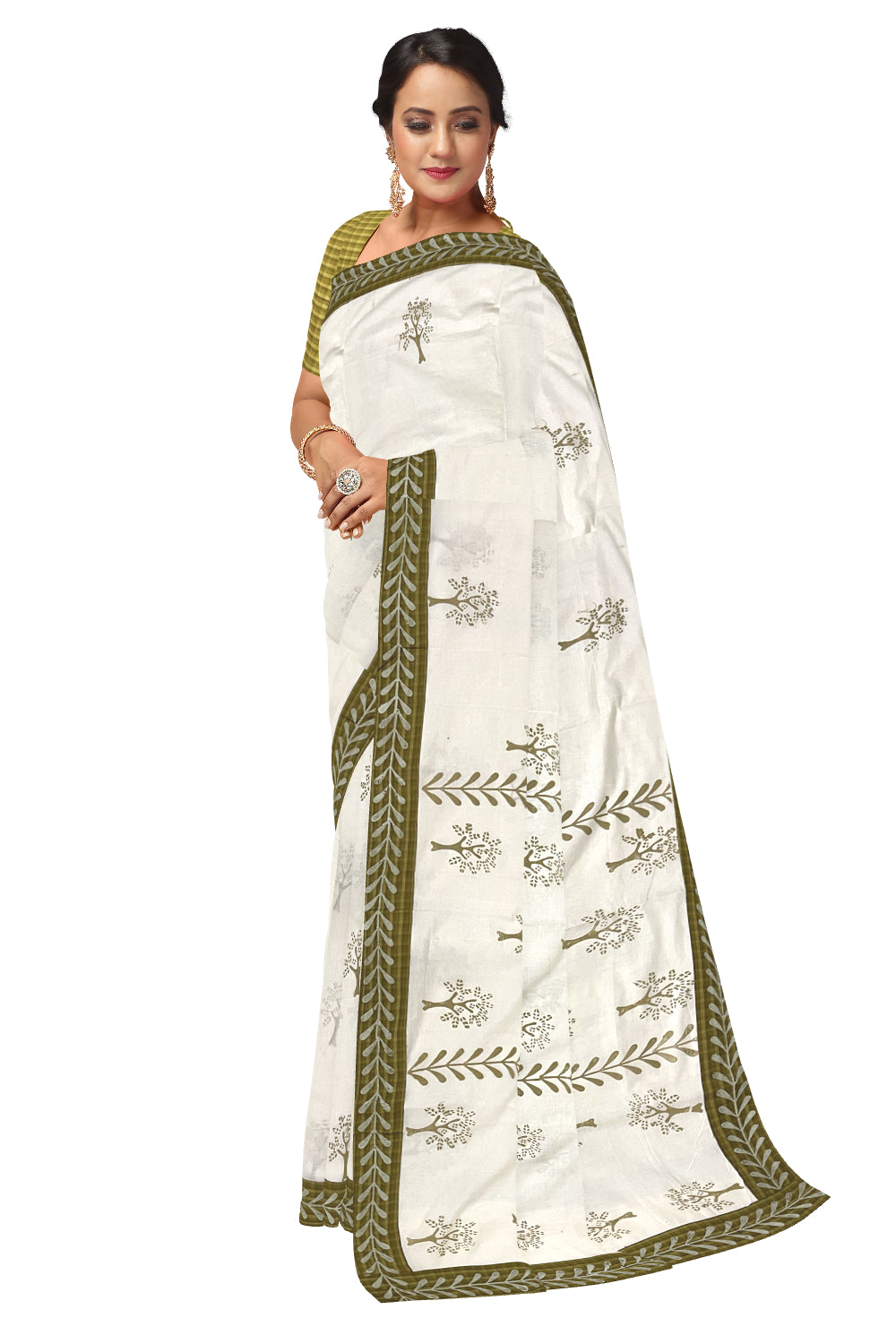 Pure Cotton Onam 2023 Kerala Saree with Hand Block Olive Green Batik Prints